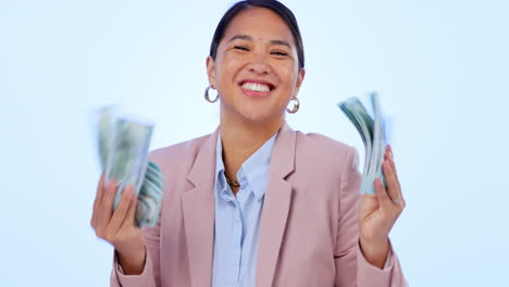 Money-fan,-investment-and-happy-business-woman