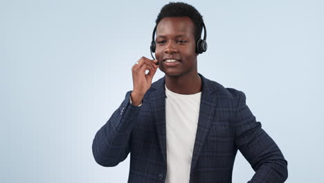 Call-center,-talking-and-black-man-in-crm