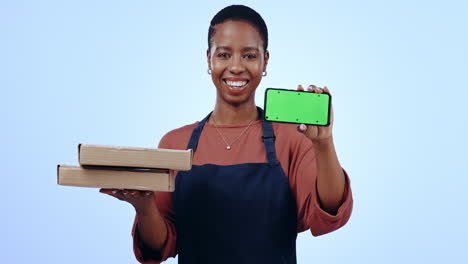 Happy-black-woman,-pizza-box