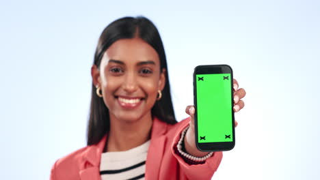 Green-screen,-phone-and-face-of-woman-with-mockup