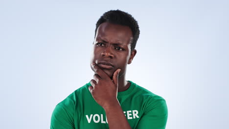 Thinking-face,-black-man-and-volunteer-idea