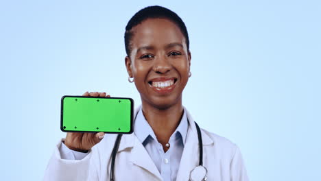 Phone,-green-screen-and-face-of-woman-doctor