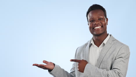 Black-man,-pointing-and-palm-in-business