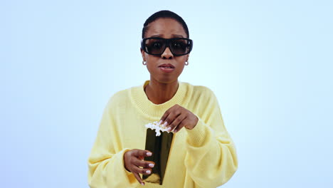 Face,-3d-glasses-and-black-woman-with-popcorn