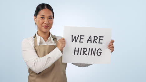 Happy-woman,-recruitment-and-we-are-hiring-banner
