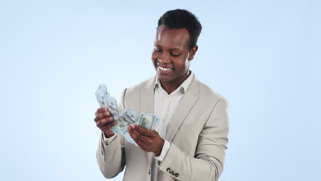 Happy-black-man,-counting-and-money-fan
