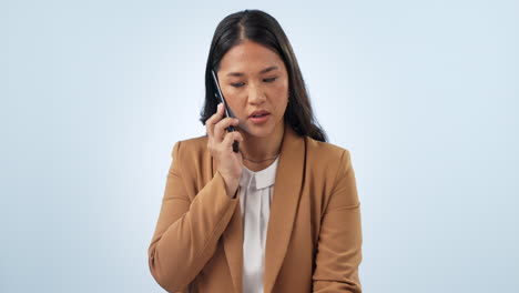 Phone-call,-scam-and-frustrated-business-woman