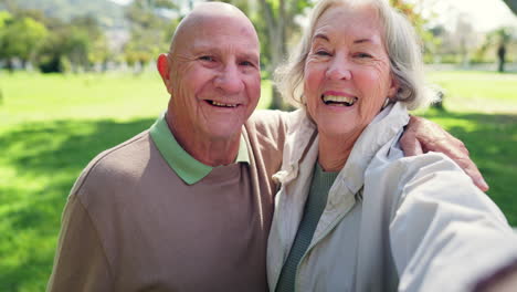 Gesicht,-Senior-Und-Selfie-Eines-Glücklichen-Paares-Im-Park