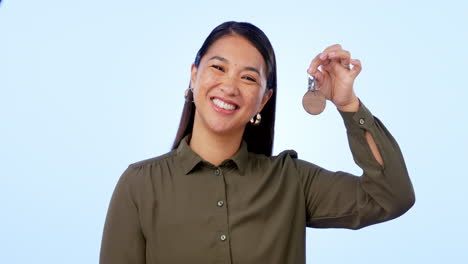 Happy-asian-woman,-keys-and-real-estate