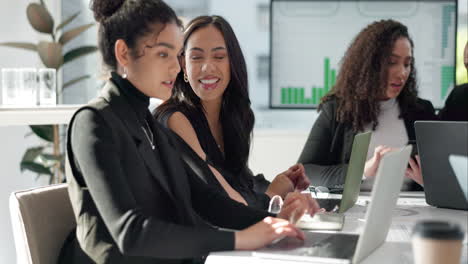 Talking,-laptop-and-happy-business-women-teamwork