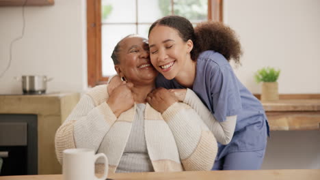 Happy,-woman-and-caregiver-hug-patient-in-home