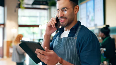 Barista,-phone-call-and-tablet-for-restaurant