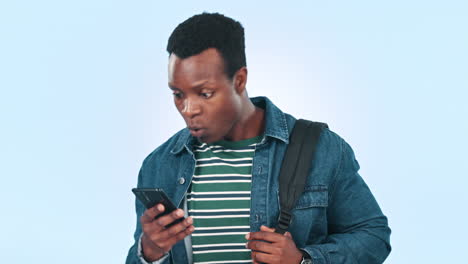 Hombre-Africano,-Teléfono-Y-Noticias-Sorpresa-En-El-Estudio