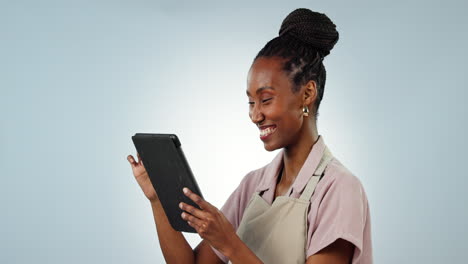 Studio,-black-woman-or-business-owner-on-tablet