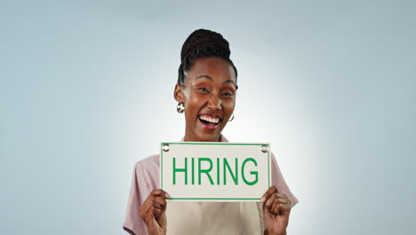 Face,-happy-or-black-woman-with-hiring-sign