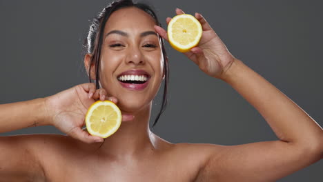 Gesicht,-Hautpflege-Und-Glückliche-Frau-Mit-Zitrone