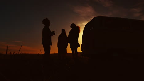 Hive-five,-silhouette-and-group-travel-with-van