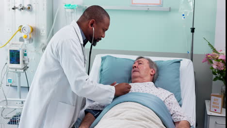 Senior-man,-doctor-and-hospital-bed-with-patient