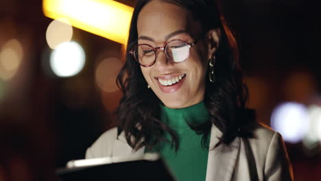 Woman,-tablet-and-smile-at-night-for-message