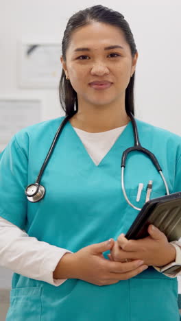 Face,-nurse-and-woman-with-tablet-for-research
