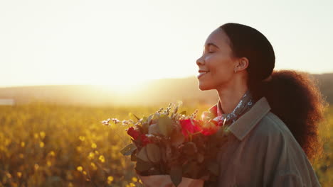 Frau,-Blumenstrauß-Und-Blumen-Im-Sonnenuntergang