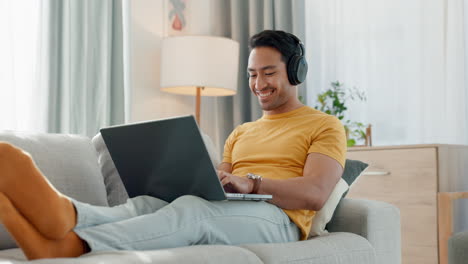 Man,-computer-and-headphones-on-sofa-listening-to