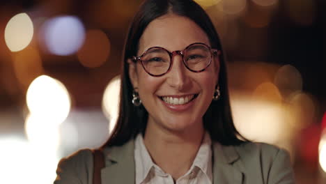 Face,-glasses-and-business-woman-in-city-at-night
