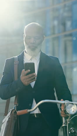 Phone,-bicycle-and-black-man-in-city-for-business
