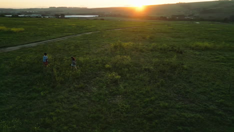 Luftaufnahme,-Drohne-Und-Menschen,-Die-Auf-Gras-Laufen