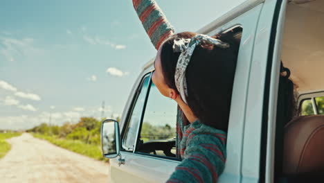 Happy-woman,-freedom-and-van-road-trip