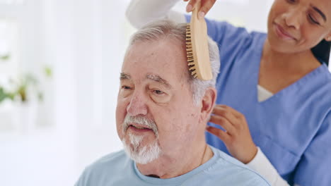 Hair,-brush-and-senior-man-with-caregiver
