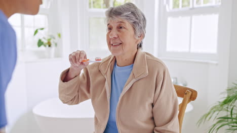 Old-woman,-brushing-teeth-or-nurse-helping