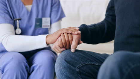 Nurse,-holding-hands-and-comfort-patient-in-home