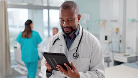 Hospital,-face-and-black-man-with-a-tablet