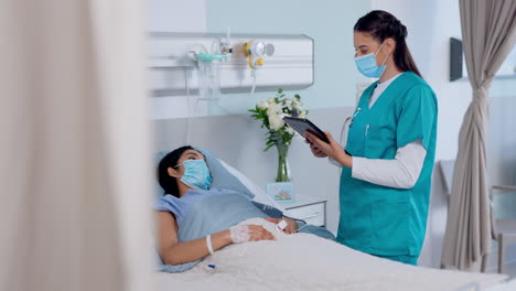 Nurse,-face-mask-and-tablet-for-patient-in-bed