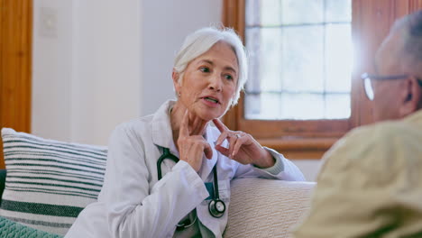 Doctor,-consulting-and-woman-with-patient-in-home