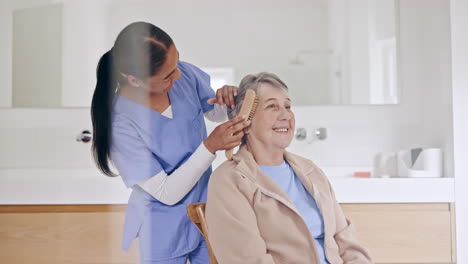 Nursing-home,-grooming-and-caregiver-brushing-hair