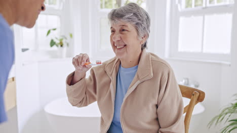 Old-woman,-brushing-teeth-or-nurse-helping-patient