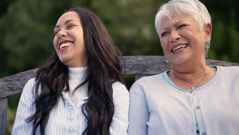 Laughing,-bench-and-senior-mother-with-woman