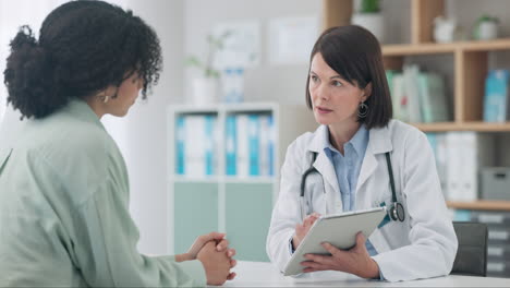Meeting,-woman-and-doctor-with-results-on-tablet