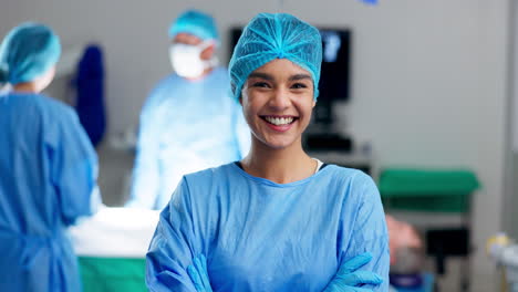 Happy-woman,-surgeon-and-arms-crossed