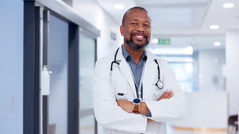 Black-man,-doctor-with-arms-crossed-and-portrait