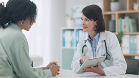 Meeting,-doctor-and-woman-with-results-on-tablet
