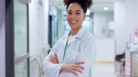 Woman,-doctor-and-clinic-with-arms-crossed