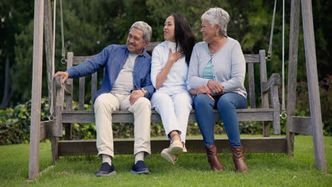 Bench,-park-and-senior-parents-with-woman