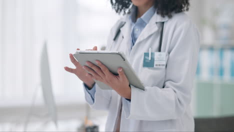 Woman,-hands-and-doctor-on-tablet-in-research
