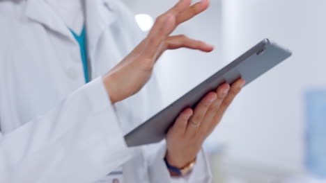 Hands-typing,-doctor-and-research-on-tablet