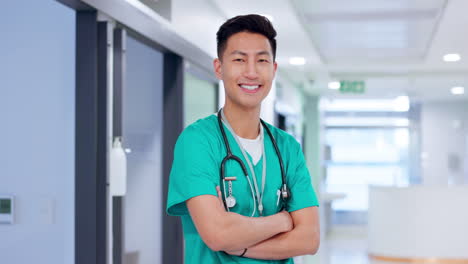 Asian-man,-doctor-with-arms-crossed-and-portrait