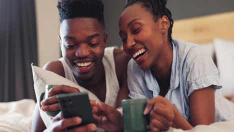 Happy,-relax-and-a-black-couple-with-a-phone