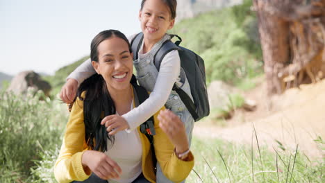 Backpack,-hiking-and-face-of-mother-with-girl